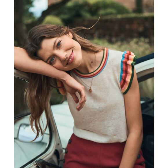 Boden Tops - Boden Top Large Cream Josie Frilled 100% Linen Tank Rainbow Ruffle Summer Casual